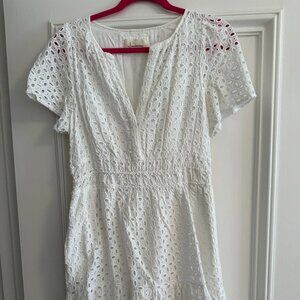 by Anthropologie: White Eyelet V-Neck Mini Dress, Size Medium